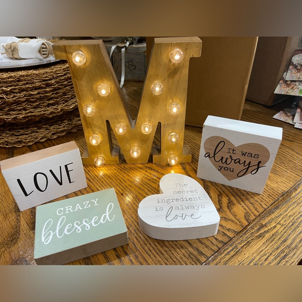 Light-Up Wooden Letter M and Love-themed Decor